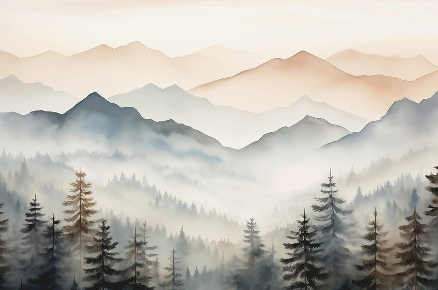 Paisagem de montanhas com árvores e nevoeiro
