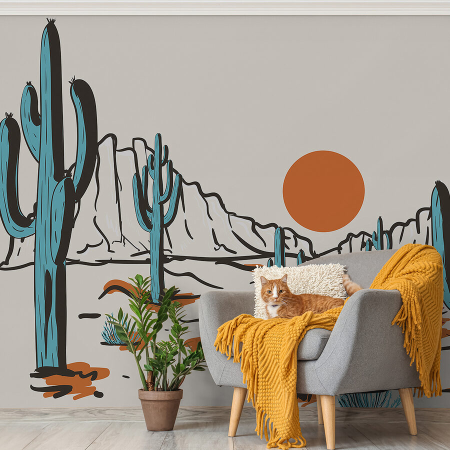 Paisagem desértica com cactos e montanhas
