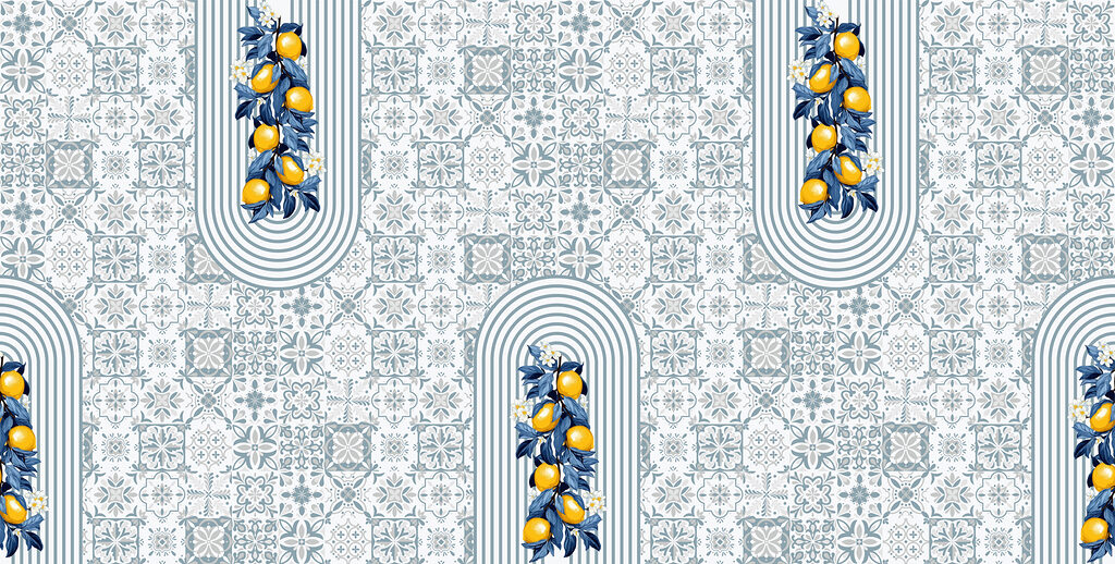 Padrão de fruta sobre um fundo branco e azul Padrão de fruta sobre um fundo branco e azul