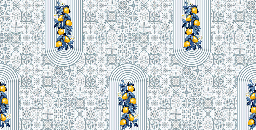 Padrão de fruta sobre um fundo branco e azul