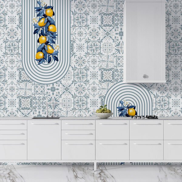 Padrão de fruta sobre um fundo branco e azul Padrão de fruta sobre um fundo branco e azul