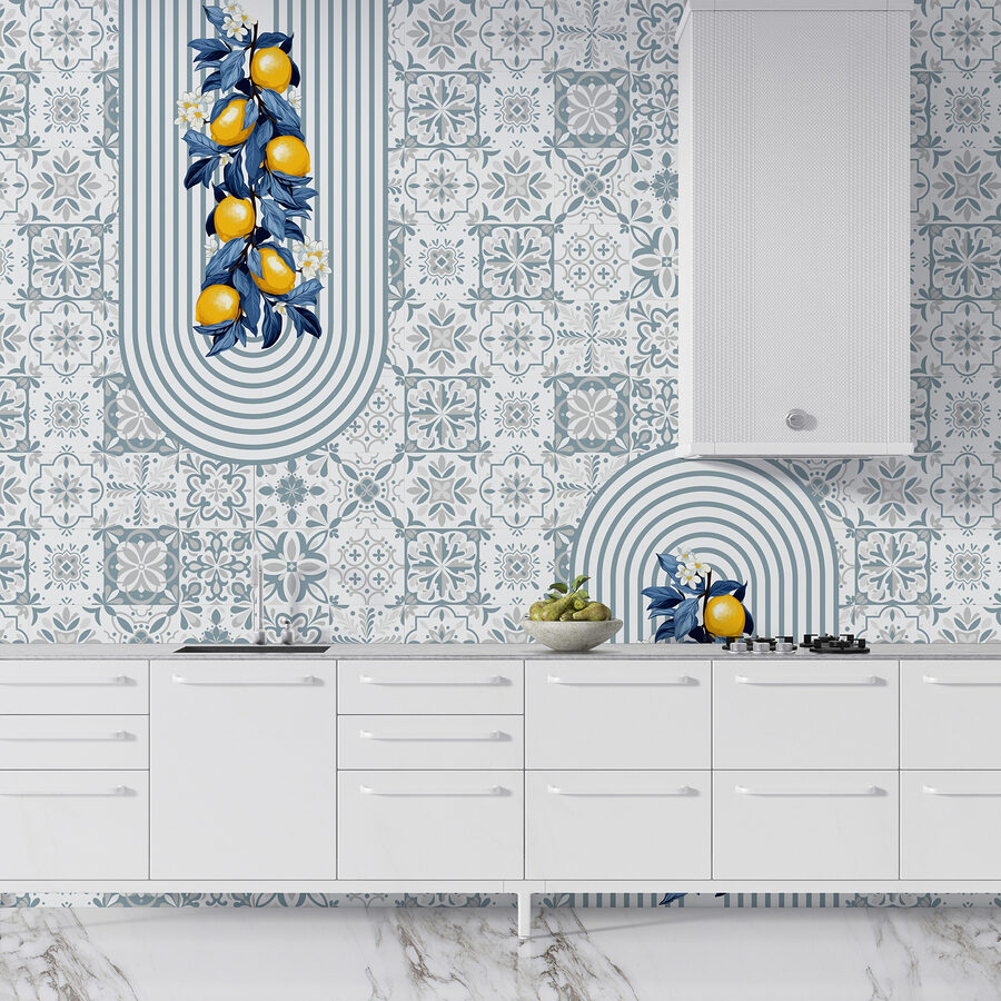 Padrão de fruta sobre um fundo branco e azul