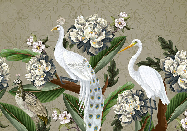 Papel de parede com pássaros e flores Papel de parede com pássaros e flores