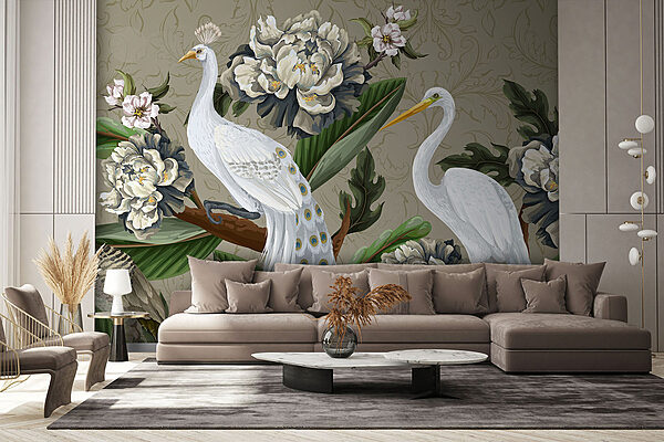 Papel de parede com pássaros e flores Papel de parede com pássaros e flores