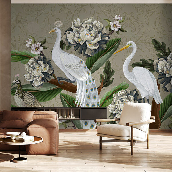 Papel de parede com pássaros e flores Papel de parede com pássaros e flores
