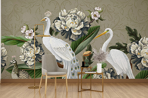 Papel de parede com pássaros e flores Papel de parede com pássaros e flores