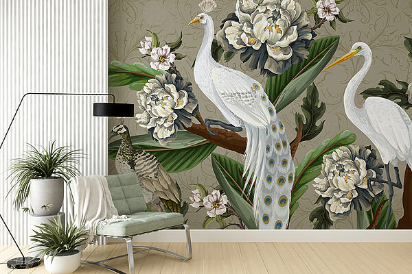 Papel de parede com pássaros e flores Papel de parede com pássaros e flores