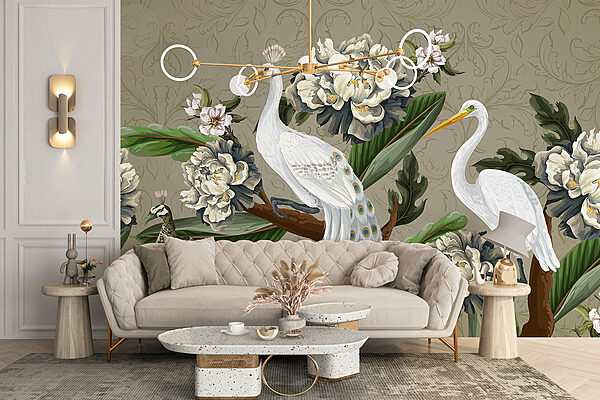 Papel de parede com pássaros e flores Papel de parede com pássaros e flores