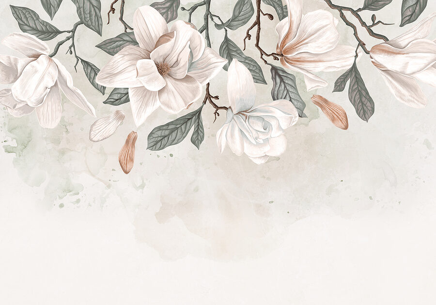 Flores e folhas brancas sobre um fundo branco