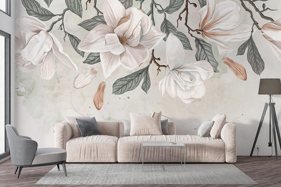 Flores e folhas brancas sobre um fundo branco