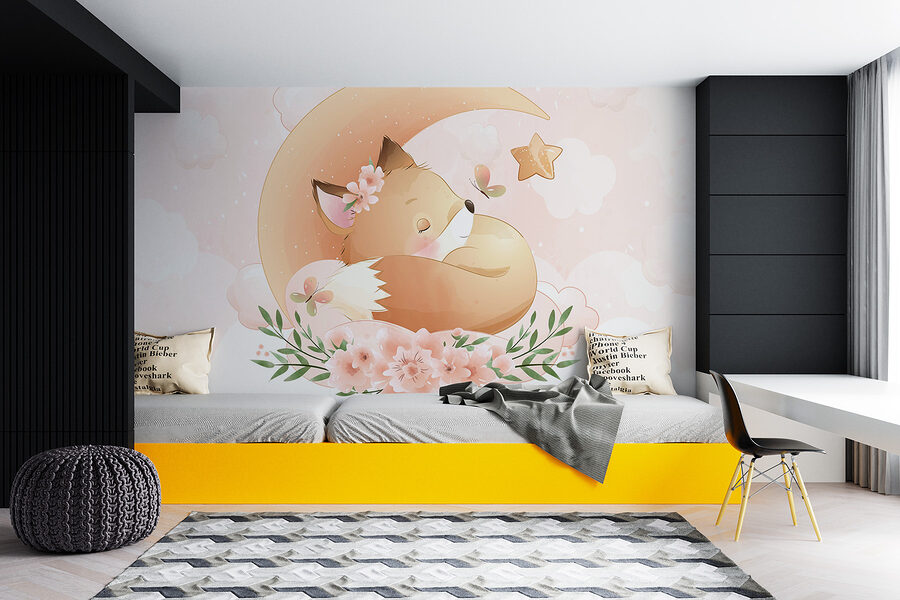 Papel de parede Desenho animado de uma raposa a dormir na lua