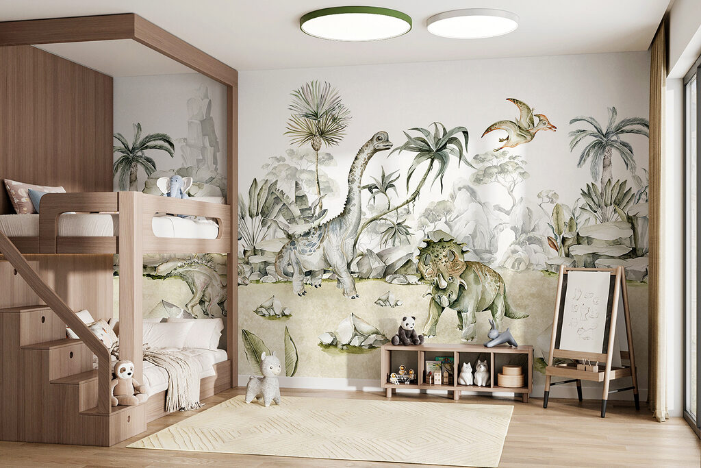 Watercolor of dinosaurs and plants