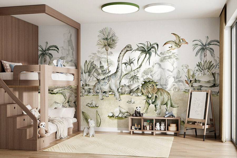 Aguarela de dinossauros e plantas
