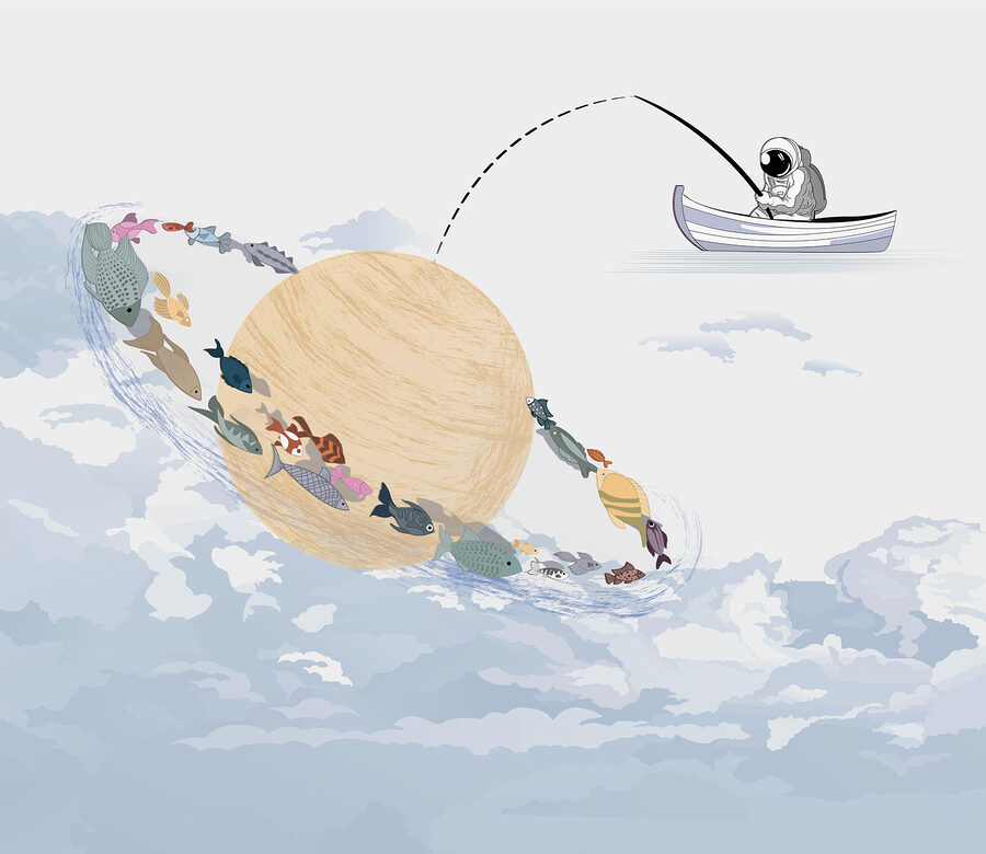 Desenho animado de um planeta com peixes