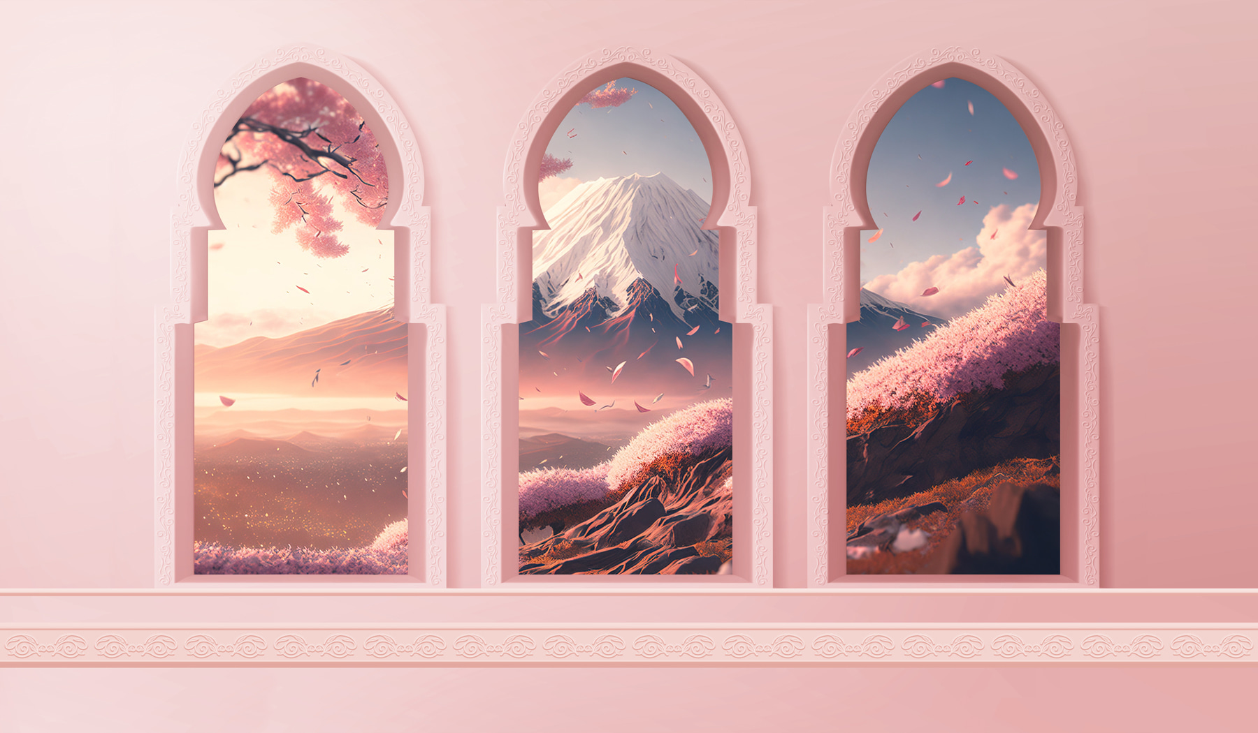 Three arched windows with a mountain view Three arched windows with a mountain view