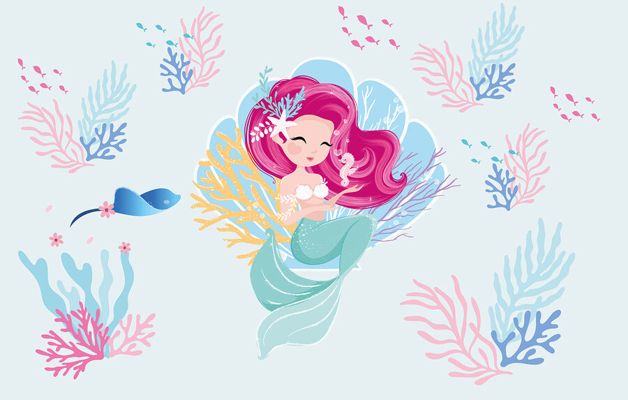 Sereia em desenho animado com cabelo cor-de-rosa e um cavalo-marinho