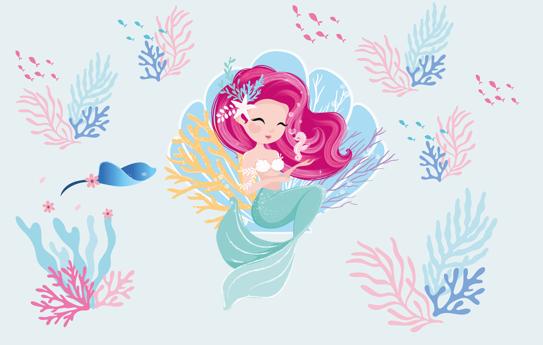 Cartoon mermaid with pink hair and a seahorse