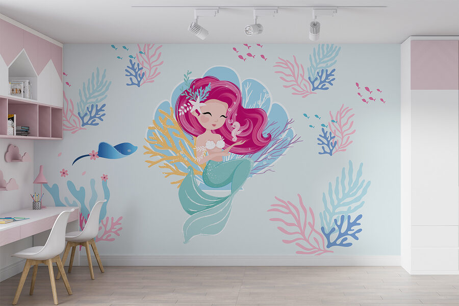 Sereia em desenho animado com cabelo cor-de-rosa e um cavalo-marinho