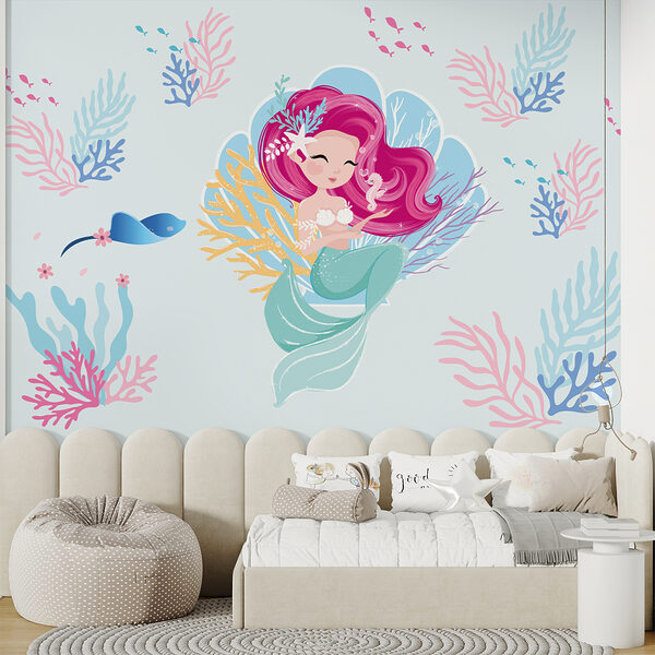 Sereia em desenho animado com cabelo cor-de-rosa e um cavalo-marinho Sereia em desenho animado com cabelo cor-de-rosa e um cavalo-marinho