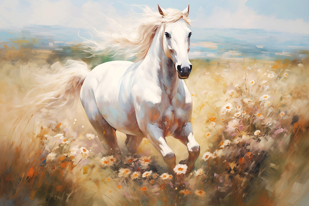 Cavalo branco a correr num campo de flores Cavalo branco a correr num campo de flores