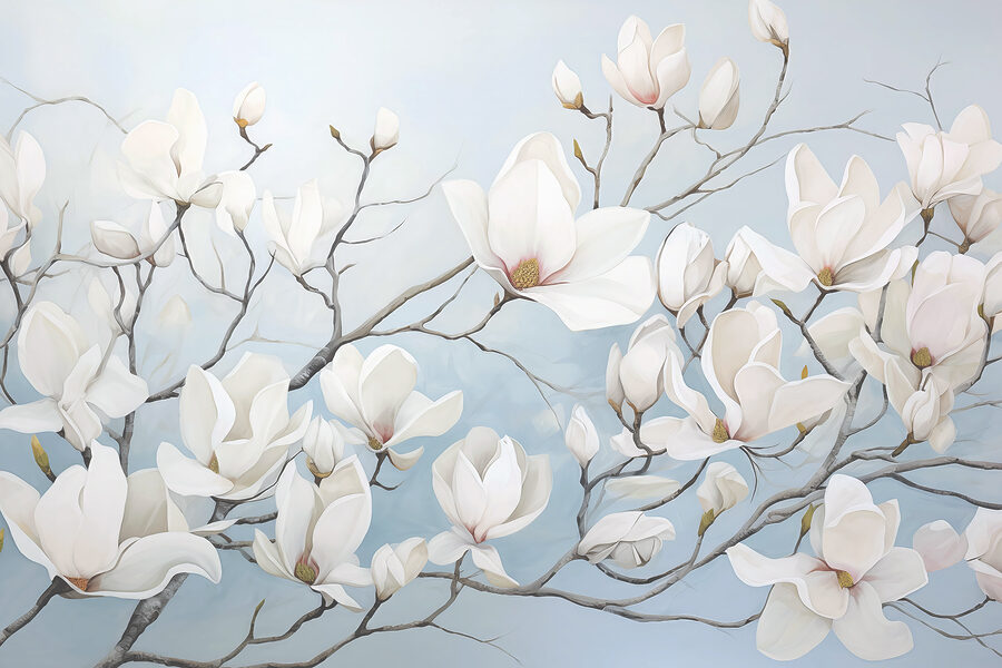 Pintura de flores brancas num ramo