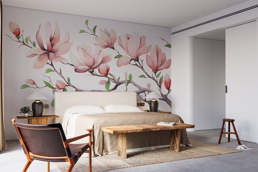 Ramo com flores e folhas cor-de-rosa
