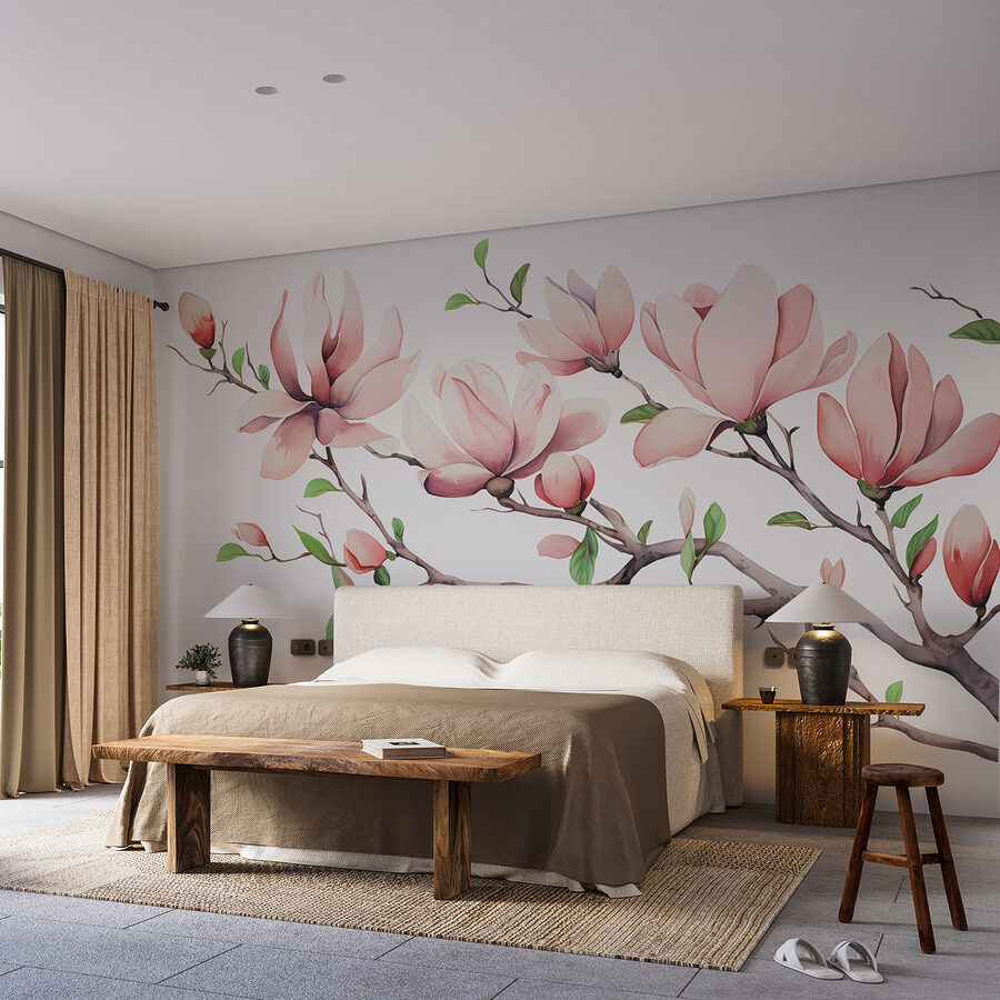 Ramo com flores e folhas cor-de-rosa