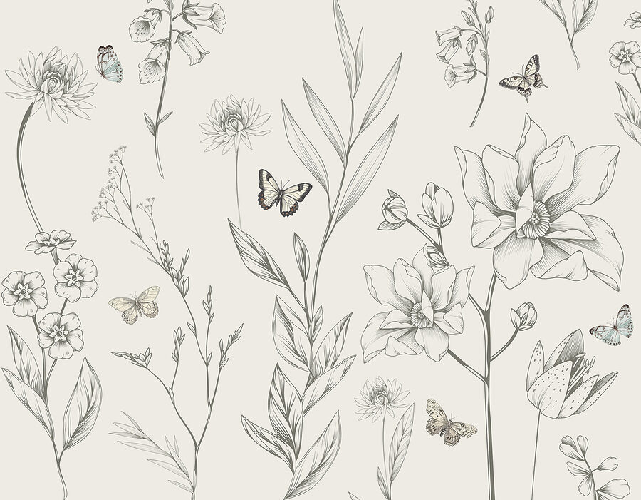 Papel de parede com flores e borboletas