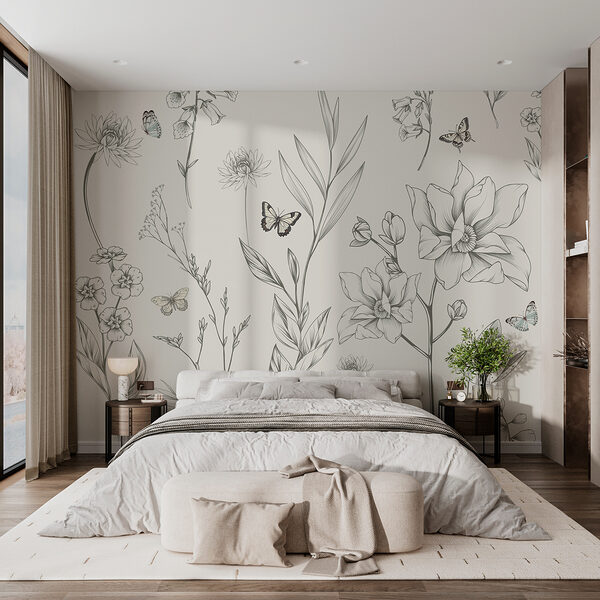 Papel de parede com flores e borboletas Papel de parede com flores e borboletas