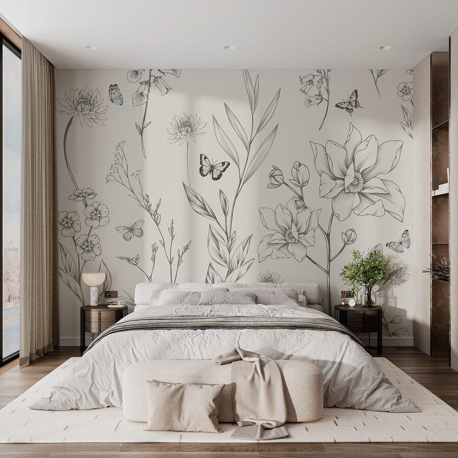 Papel de parede com flores e borboletas