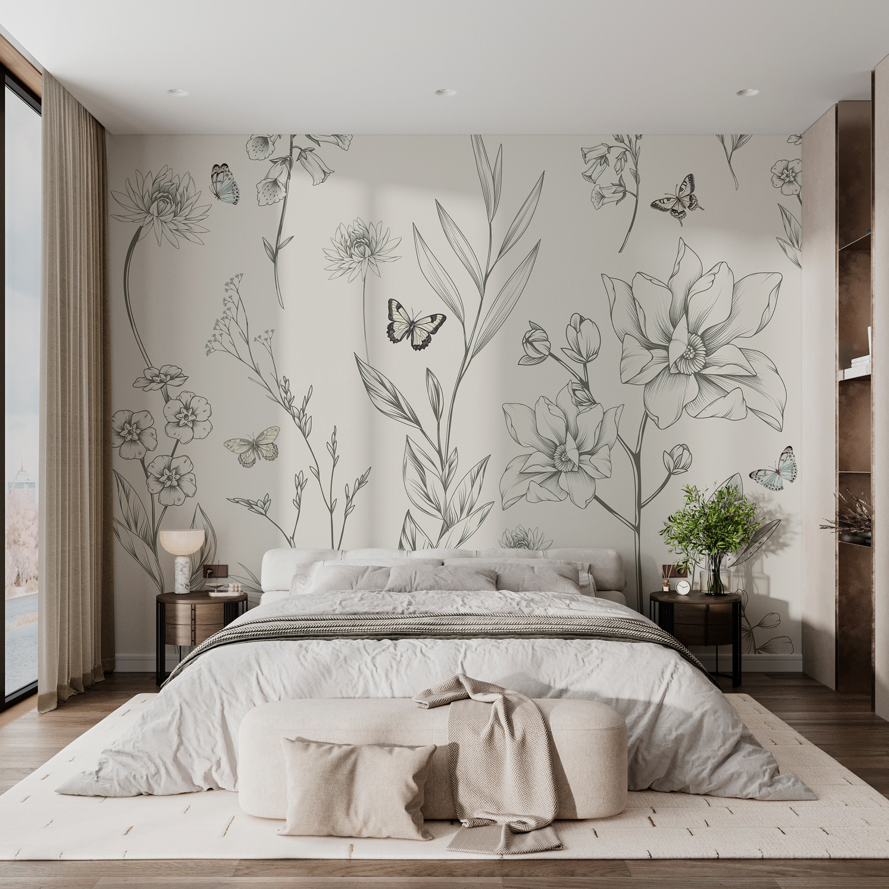 Wallpaper with flowers and butterflies