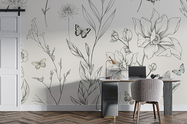 Papel de parede com flores e borboletas Papel de parede com flores e borboletas