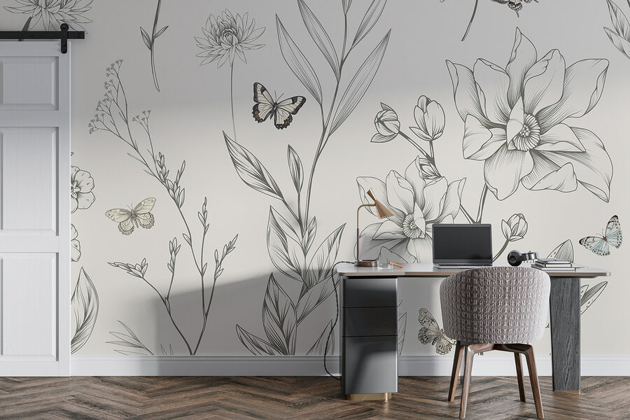 Papel de parede com flores e borboletas