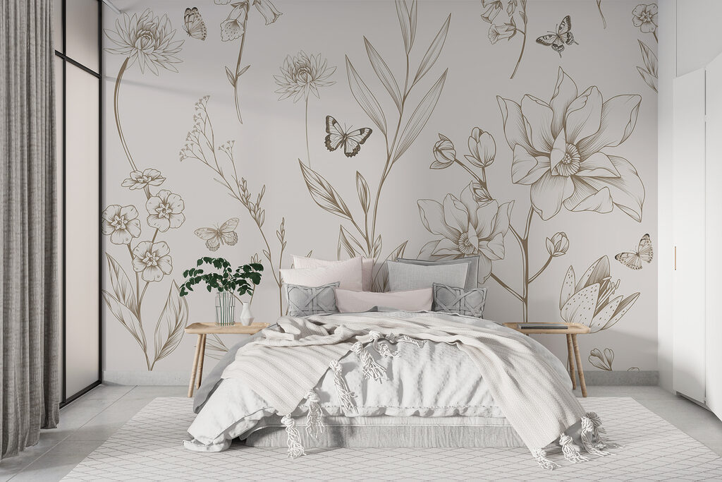 Wallpaper with flowers and butterflies