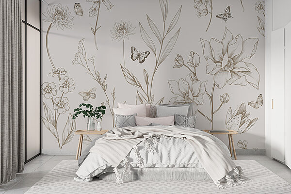 Papel de parede com flores e borboletas Papel de parede com flores e borboletas