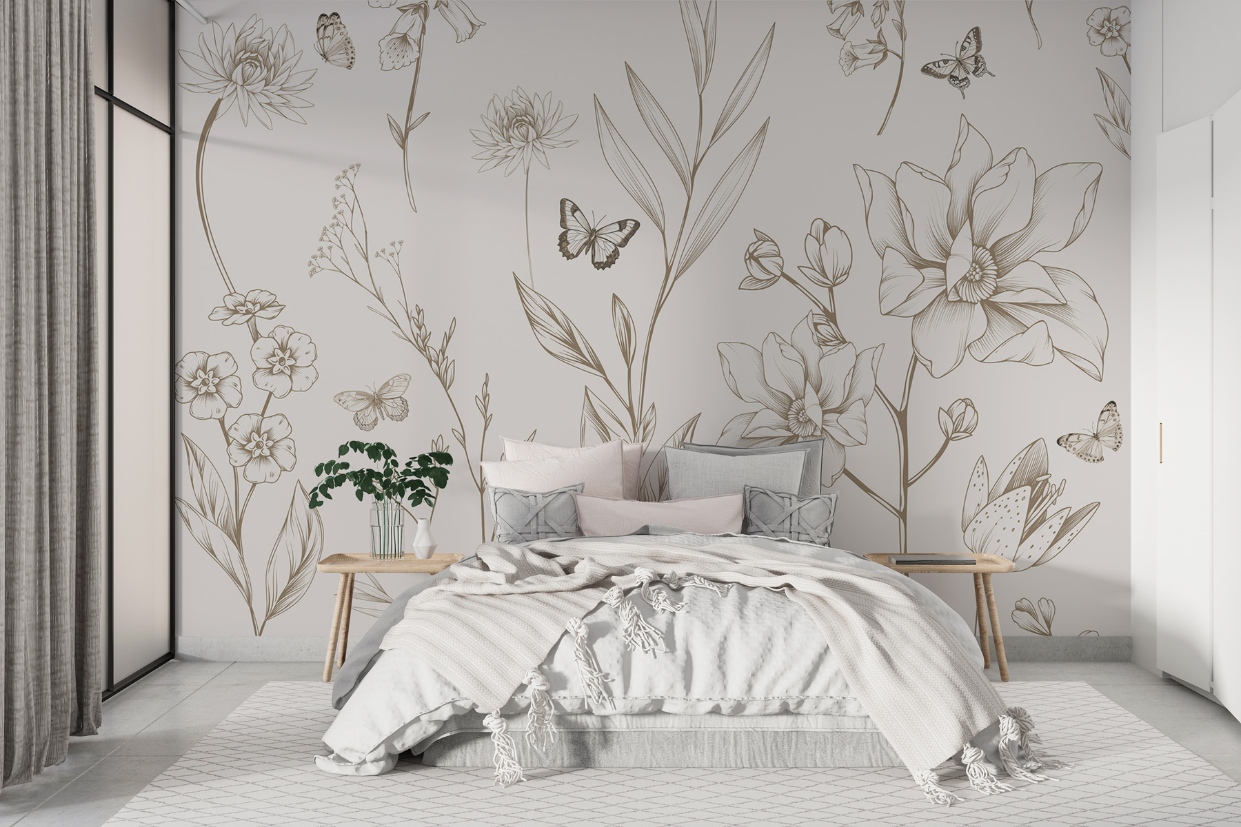 Wallpaper with flowers and butterflies