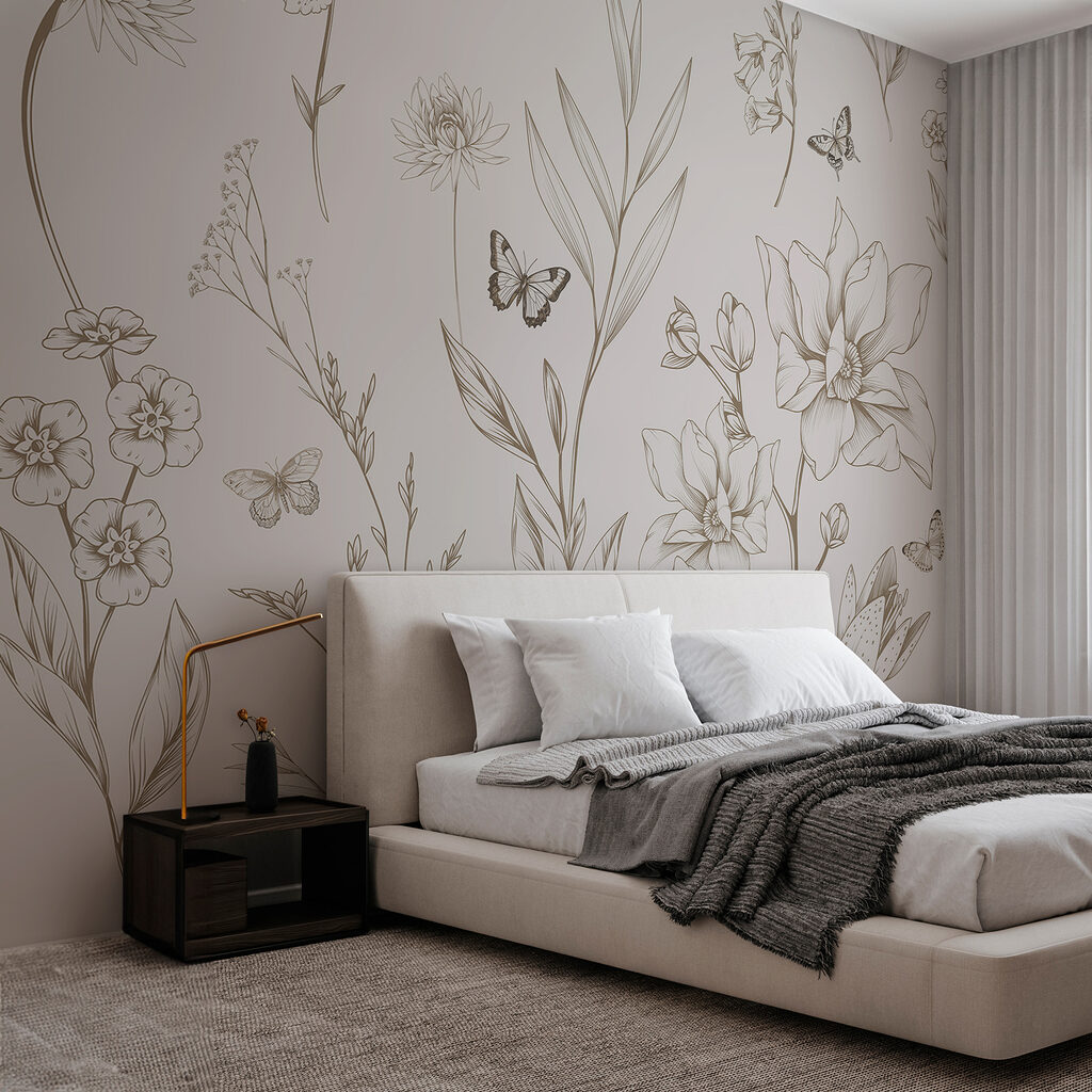 Wallpaper with flowers and butterflies