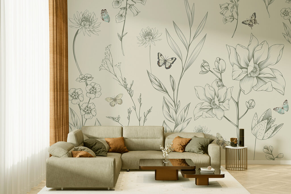 Wallpaper with flowers and butterflies