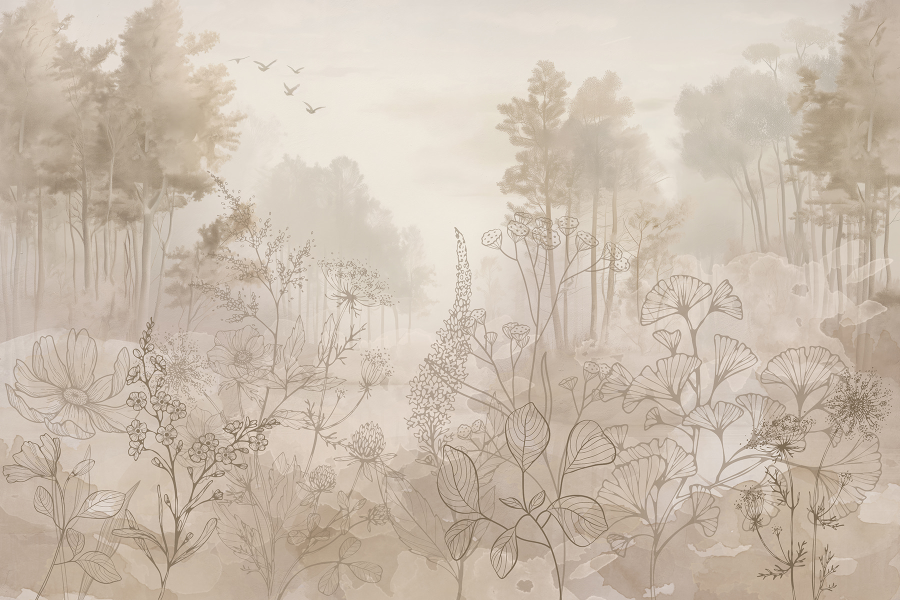 Foggy landscape with trees and plants Foggy landscape with trees and plants