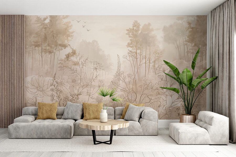 Paisagem de nevoeiro com árvores e plantas