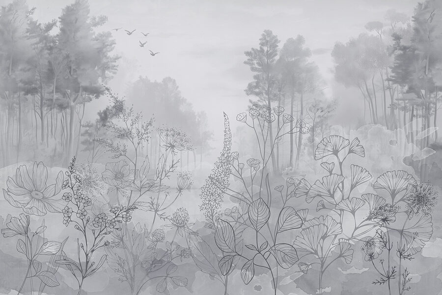 Imagem em escala de cinzentos de uma floresta com pássaros a voar Imagem em escala de cinzentos de uma floresta com pássaros a voar