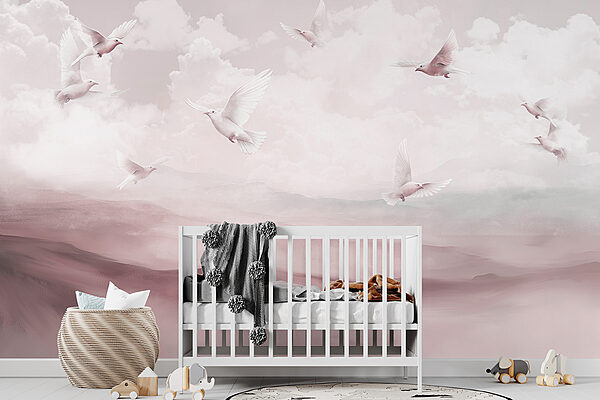 Group of white birds flying in the sky