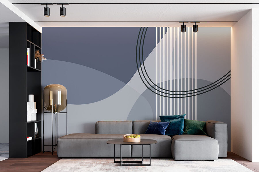 Fundo cinzento e branco com círculos e linhas pretas