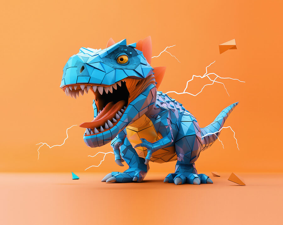 Dinossauro azul com um relâmpago a sair dele