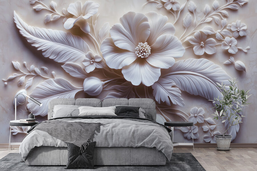 Papel de parede Flor e folhas brancas