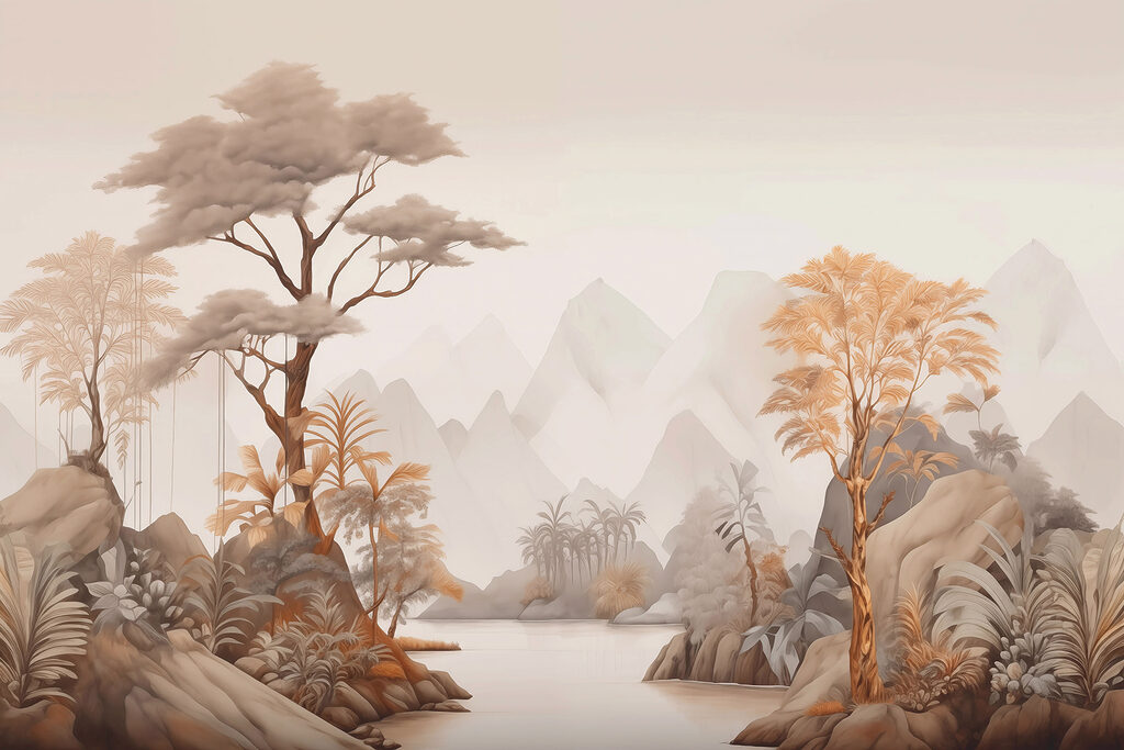 River with trees and mountains River with trees and mountains