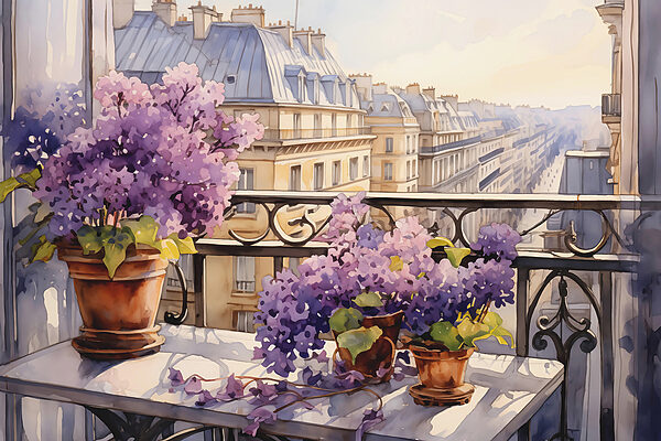 Pintura de uma varanda com flores roxas Pintura de uma varanda com flores roxas