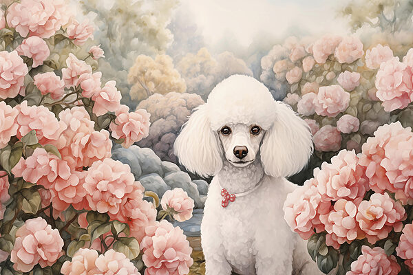 Cão branco num jardim de flores cor-de-rosa Cão branco num jardim de flores cor-de-rosa