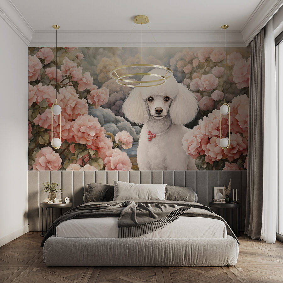 Cão branco num jardim de flores cor-de-rosa