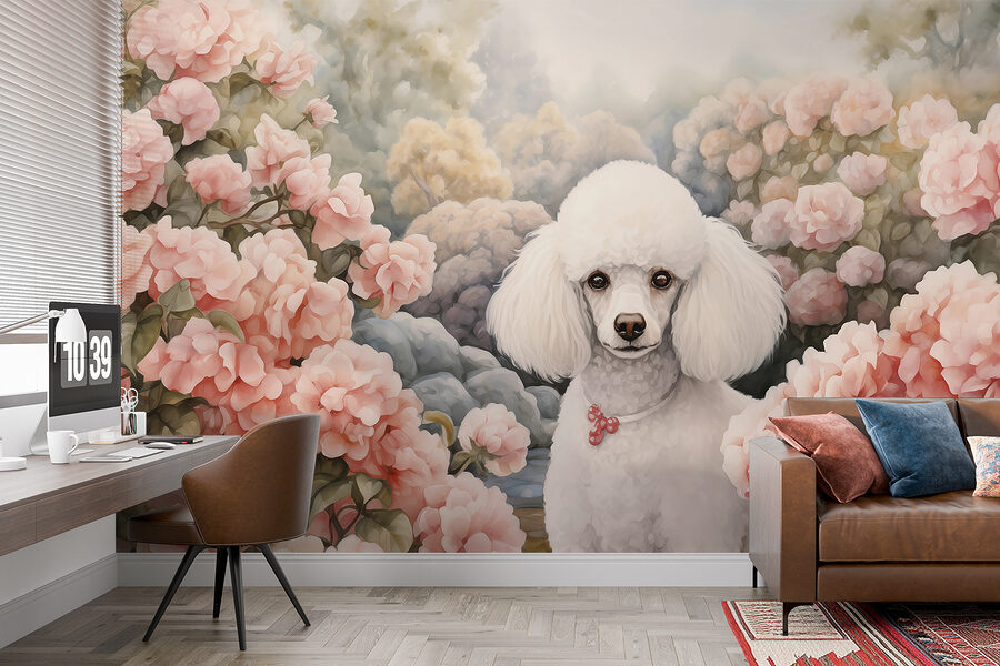Cão branco num jardim de flores cor-de-rosa